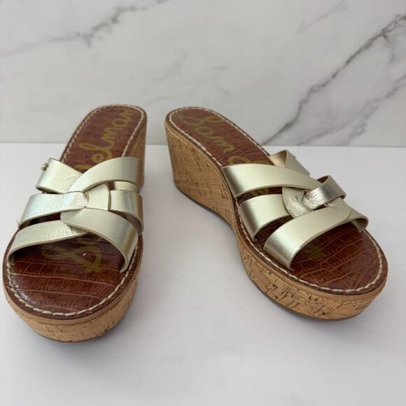Sam Edelman Womens Raynere Slide Platform Sandals Size 8 Leather Cork Gold - Picture 1 of 10